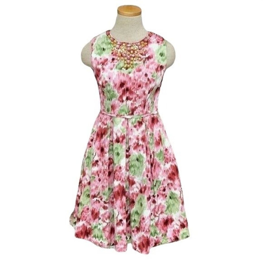 MAGGY LONDON Fit Flare Dress Rhinestone Pockets Pink Green Midi